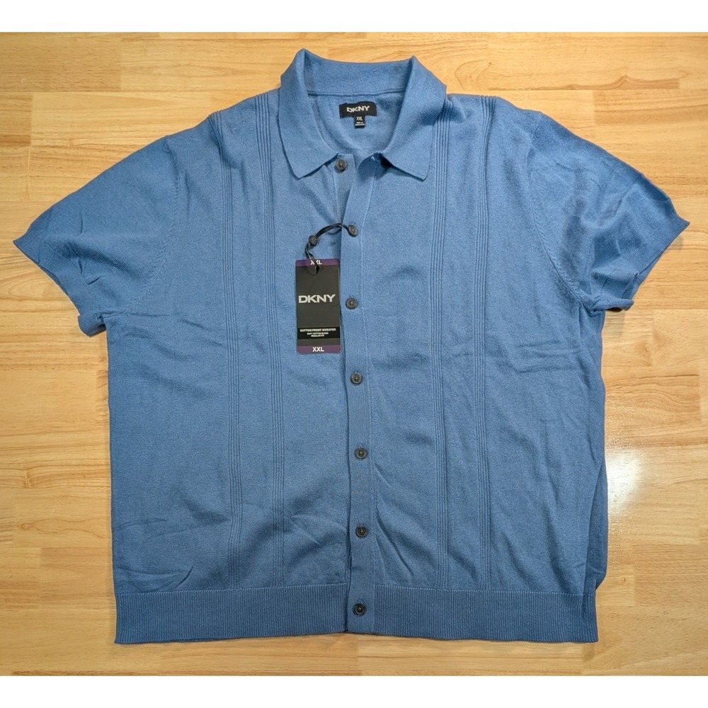 DKNY Mens XXL Blue Cotton Blend Button Front Short Sleeve Knit Polo Sweater